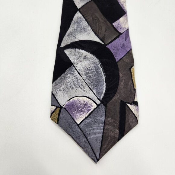 Mario Valentino Tie Mens Silk Black Purple Gray Abstract‎ Pattern Italy EUC - Picture 3 of 7
